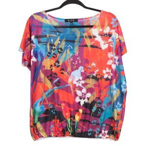 B.L.E.U. Shirt L Womens Multicolor Floral Bird Boxy Loose Fit Gems Elastic Waist